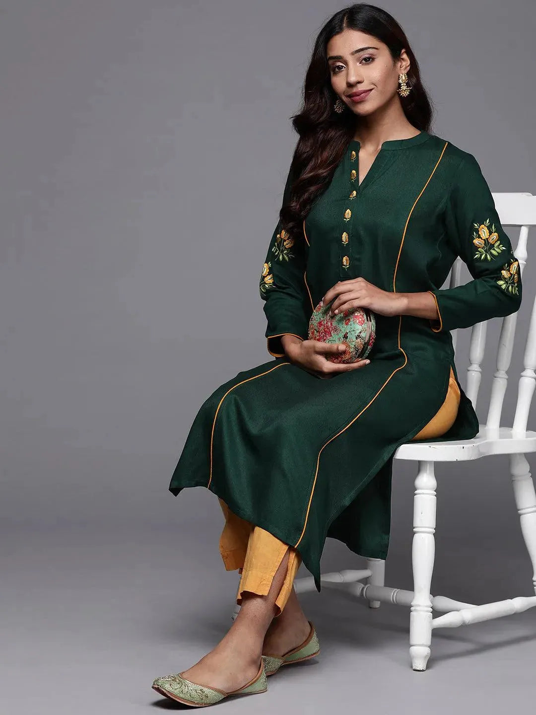 Green Embroidered Pashmina Wool Straight Kurta - Libas