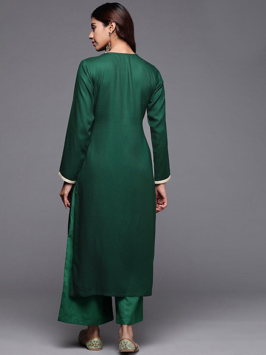 Green Embroidered Pashmina Wool Straight Kurta