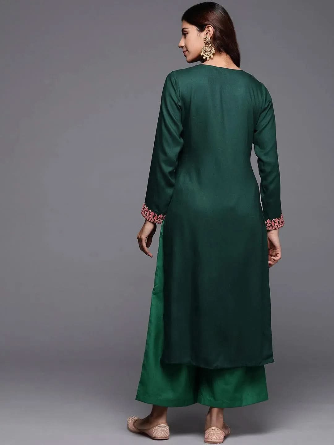 Green Embroidered Pashmina Wool Straight Kurta - Libas 