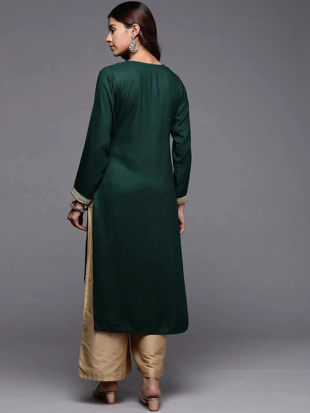 Green Embroidered Pashmina Wool Straight Kurta - Libas