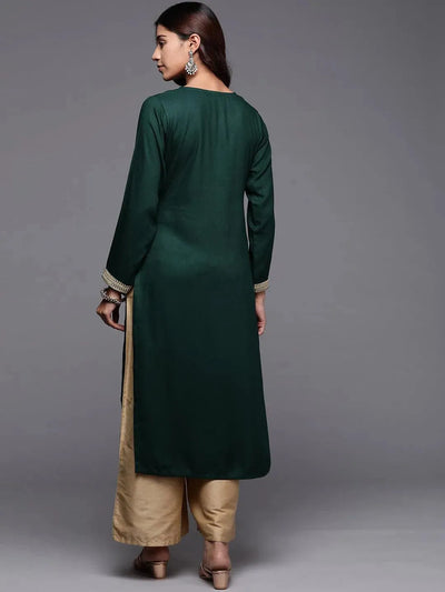 Green Embroidered Pashmina Wool Straight Kurta - Libas