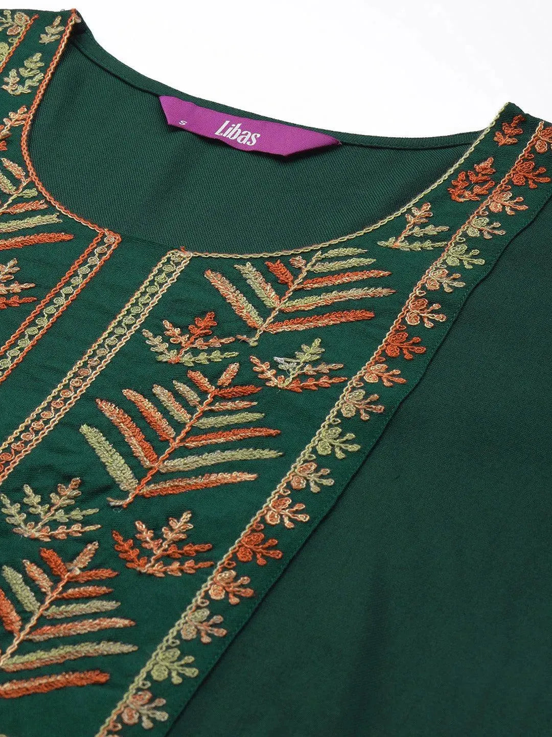 Green Embroidered Pashmina Wool Straight Kurta - Libas 