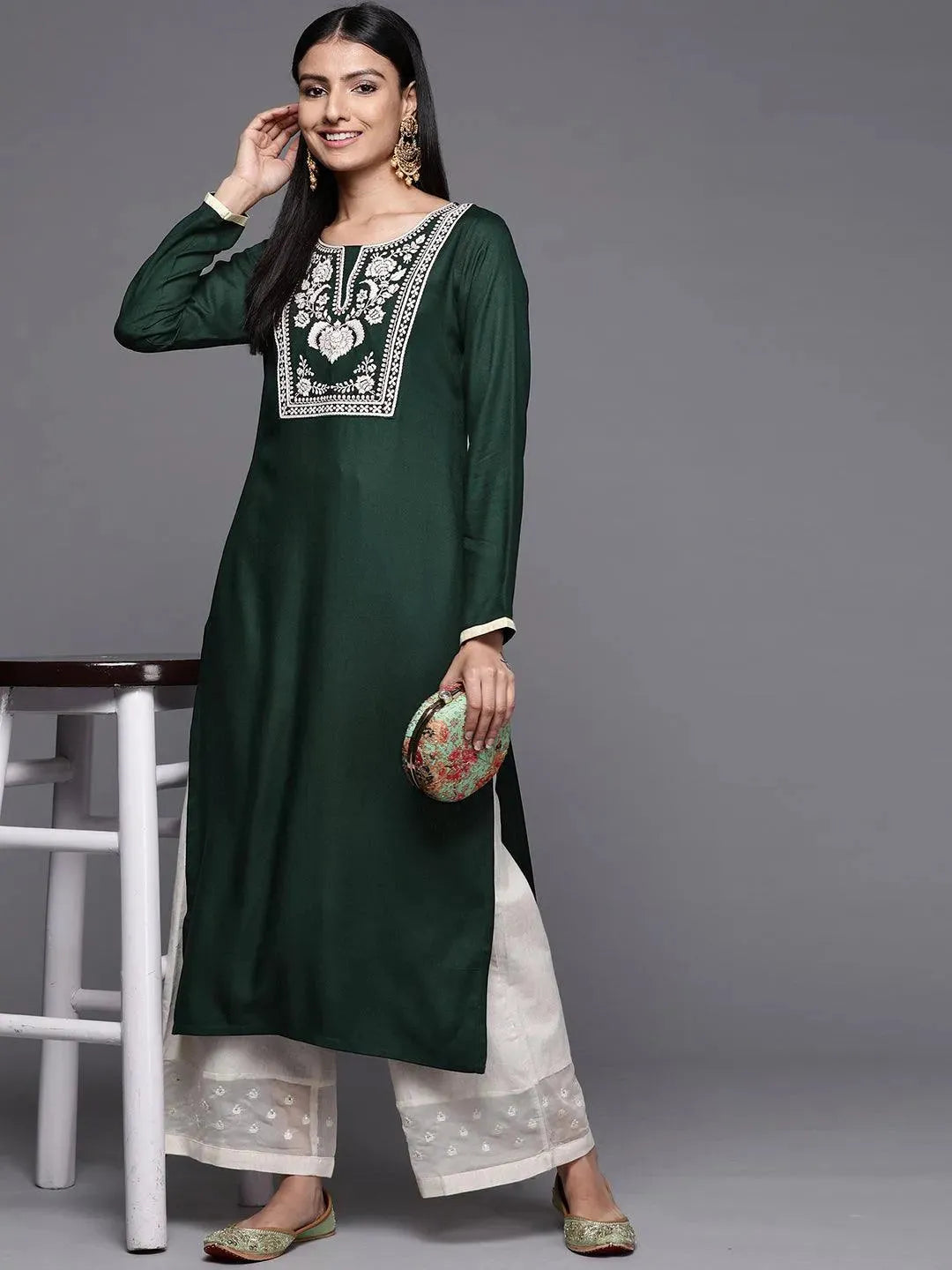 Green Embroidered Pashmina Wool Straight Kurta - Libas