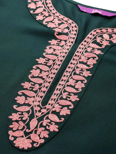 Green Embroidered Pashmina Wool Straight Kurta - Libas