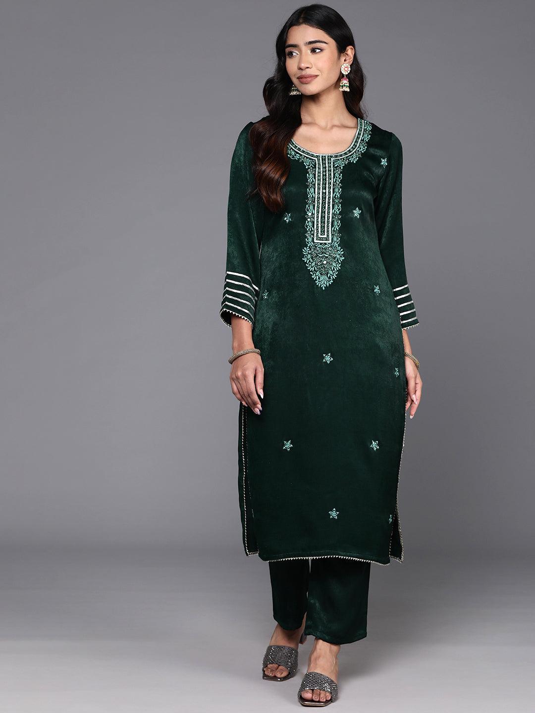 Green Embroidered Polyester Straight Kurta With Trousers - Libas