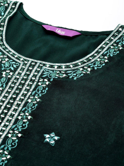 Green Embroidered Polyester Straight Kurta With Trousers - Libas