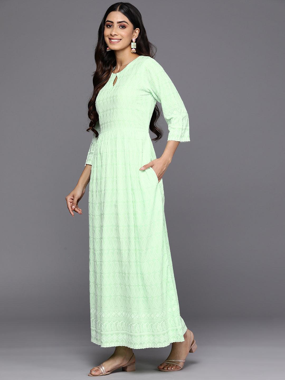 Green Embroidered Rayon Fit and Flare Dress
