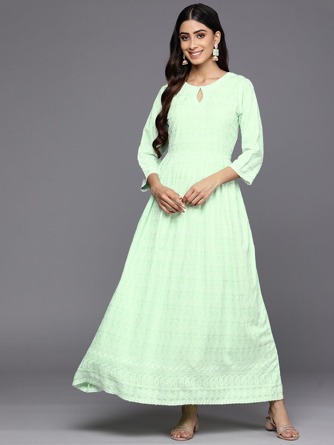Green Embroidered Rayon Fit and Flare Dress