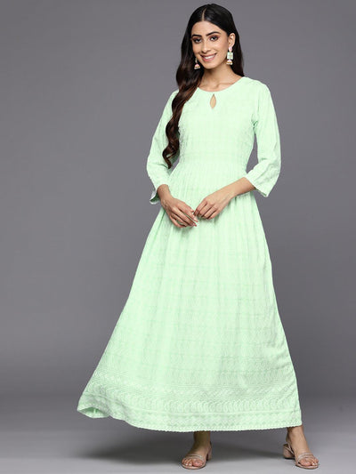 Green Embroidered Rayon Fit and Flare Dress - Libas