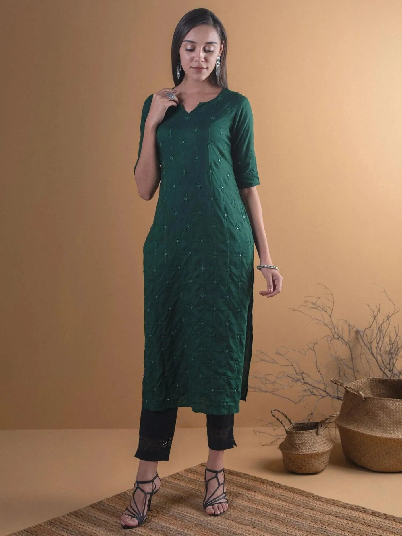 Green Embroidered Rayon Kurta - Libas