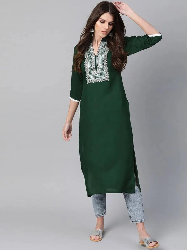 Libas Green Embroidered Rayon Kurta