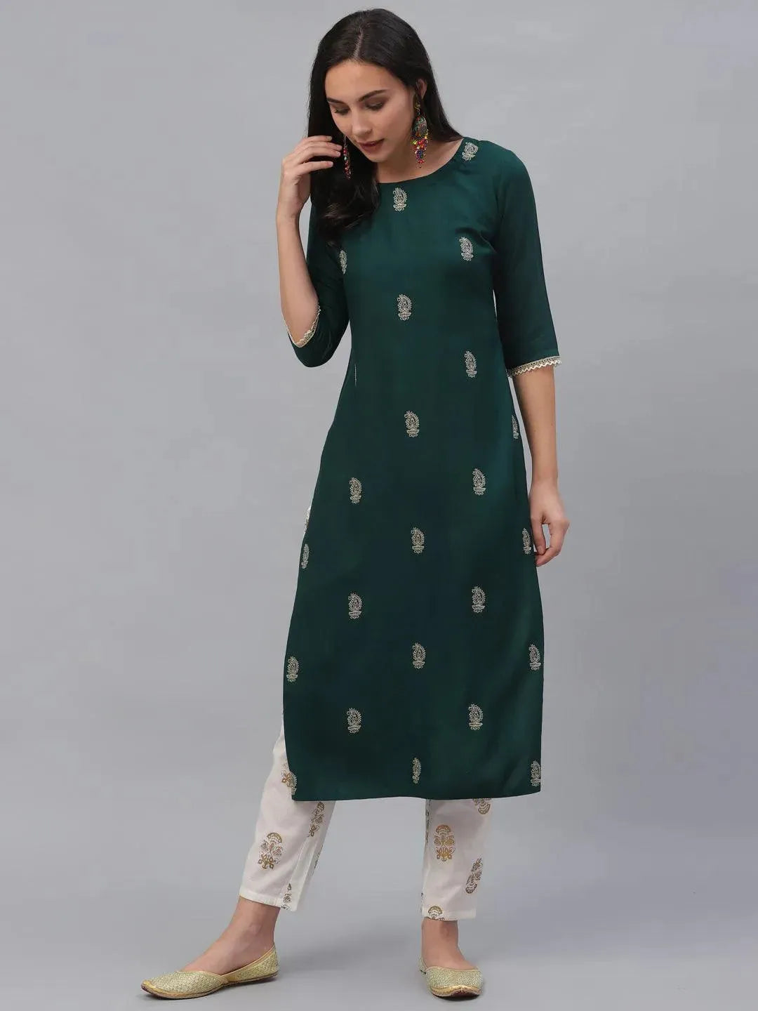 Green Embroidered Rayon Kurta - Libas