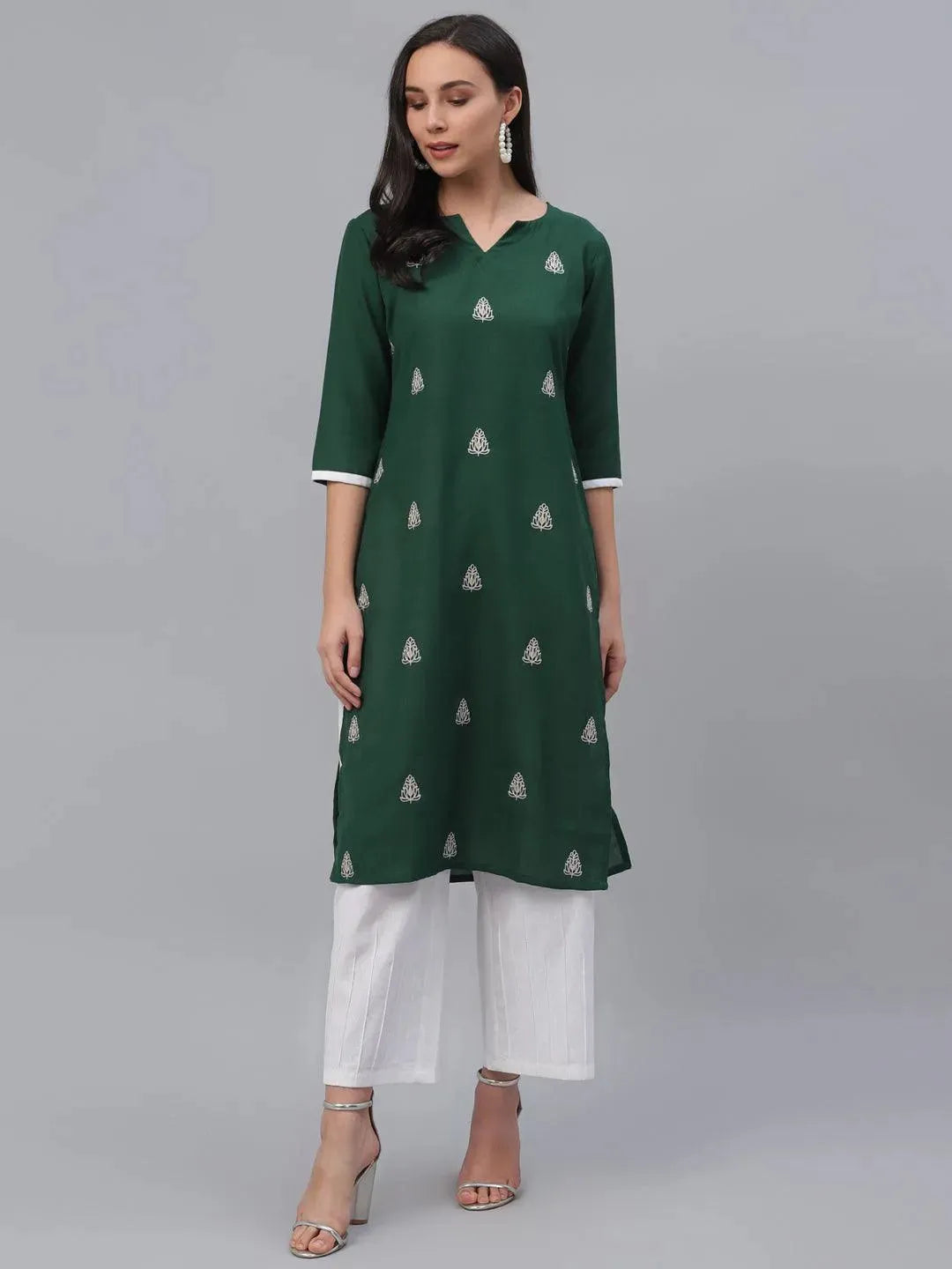 Green Embroidered Rayon Kurta - Libas