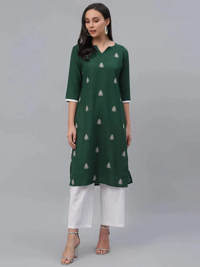 Green Embroidered Rayon Kurta - Libas