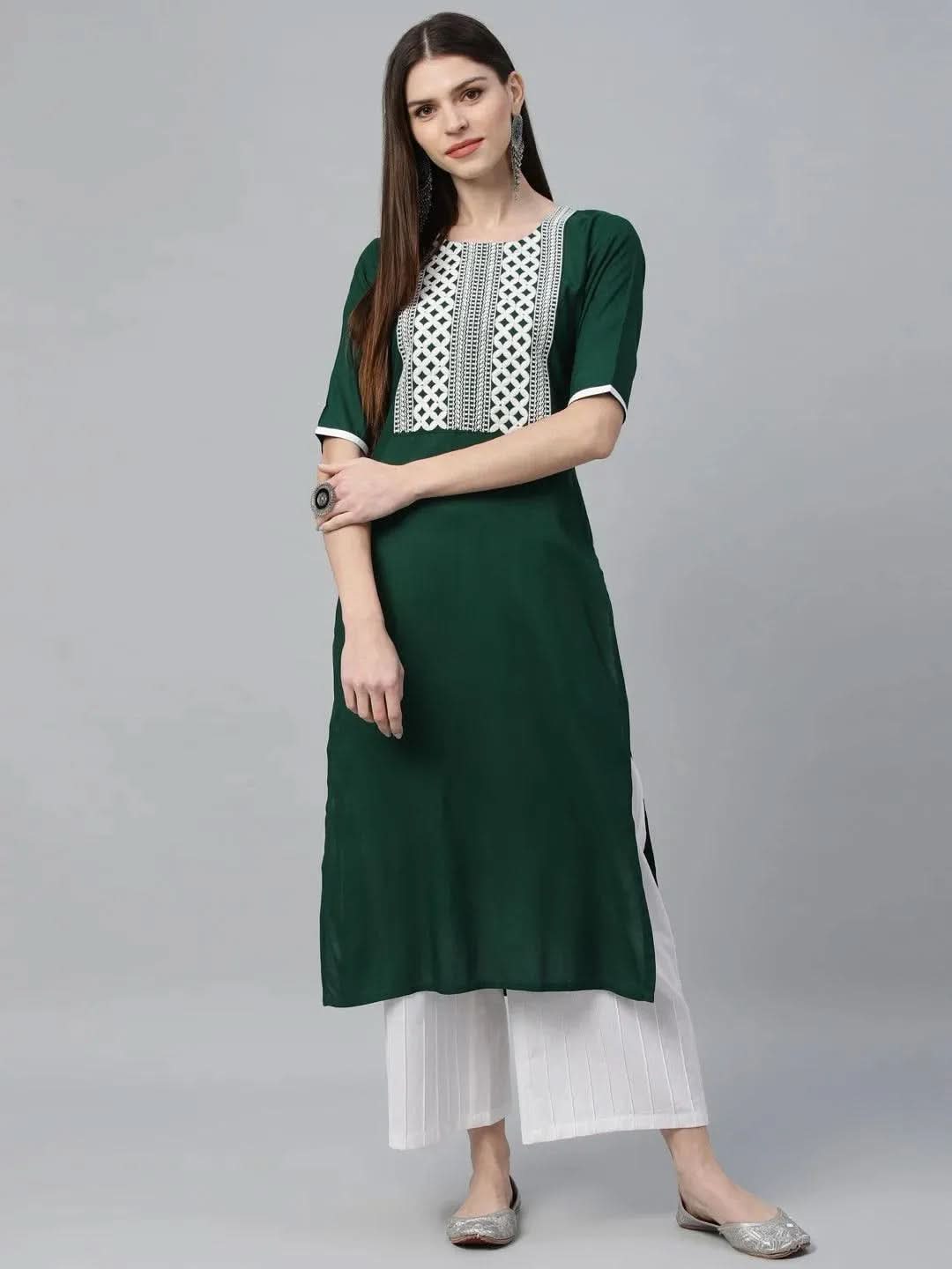 Green Embroidered Rayon Kurta - Libas 