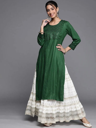 Green Embroidered Rayon Kurta - Libas