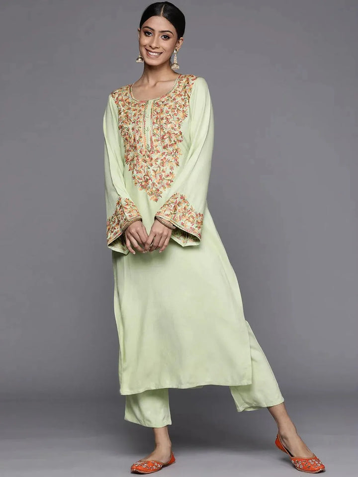 Green Embroidered Rayon Kurta - Libas