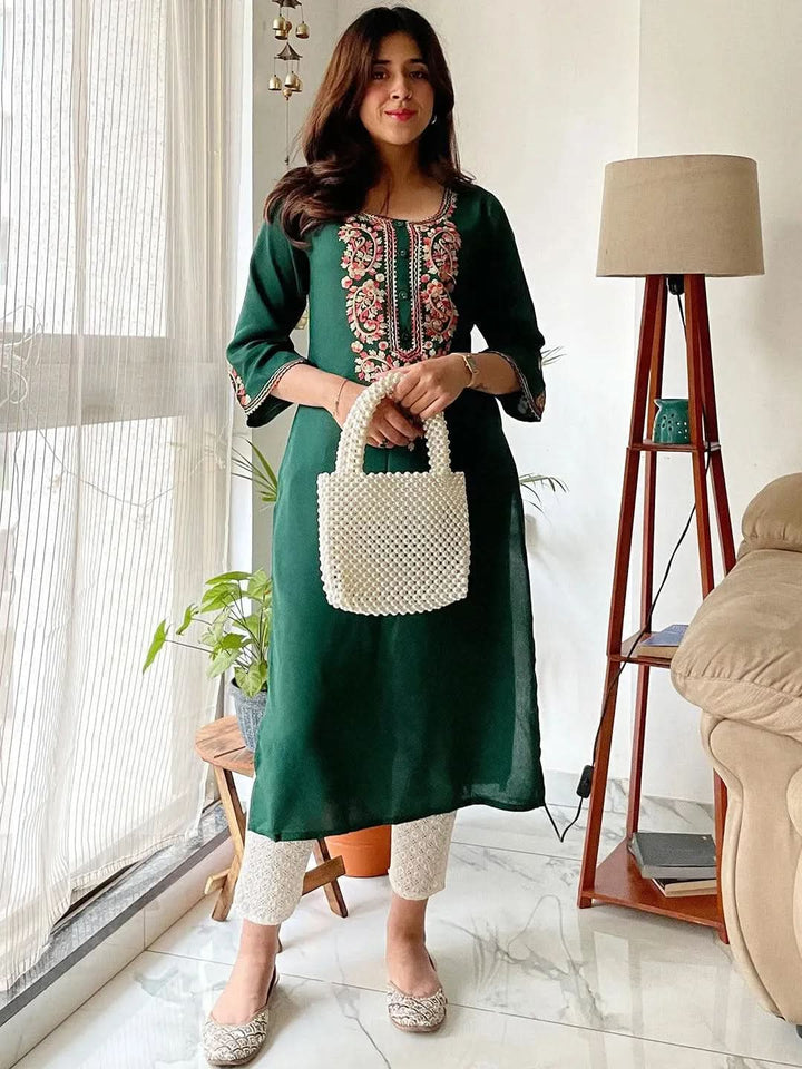 Green Embroidered Rayon Kurta - Libas