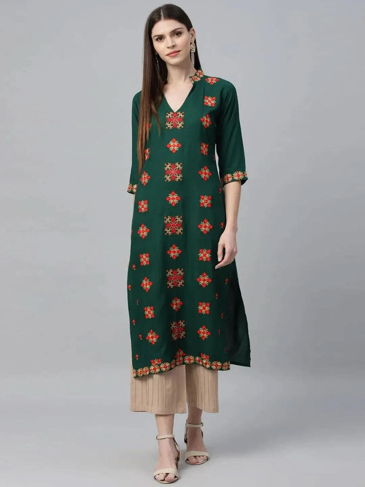 Green Embroidered Rayon Kurta - Libas