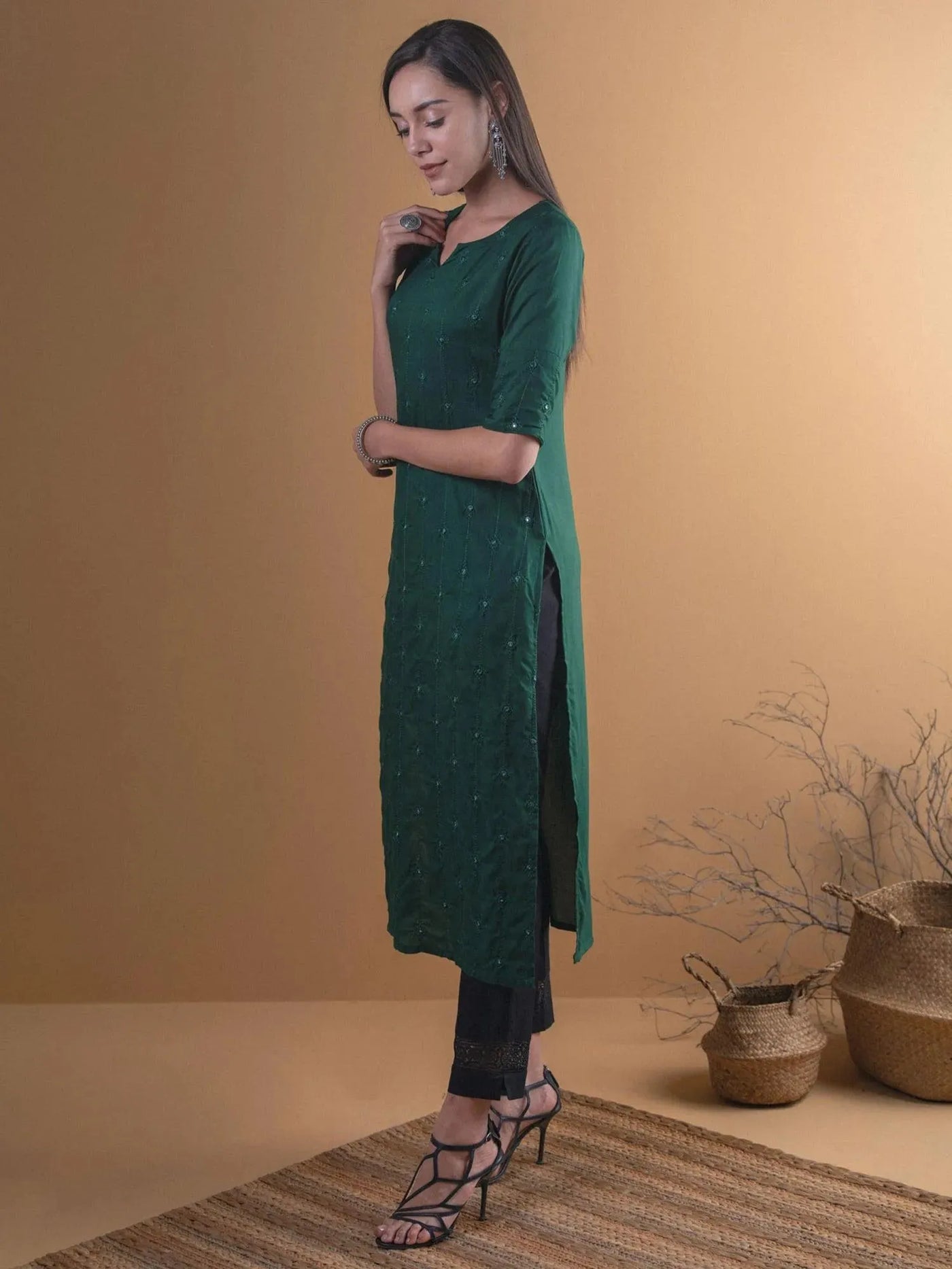 Green Embroidered Rayon Kurta - Libas