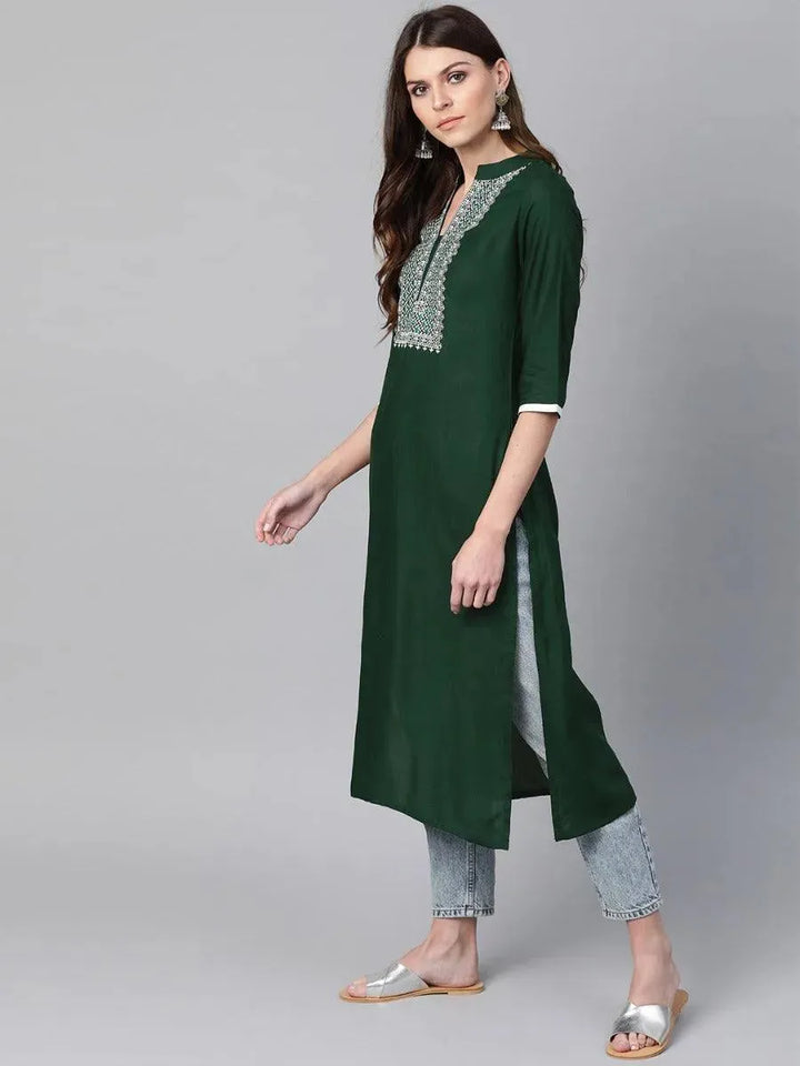 Green Embroidered Rayon Kurta - Libas