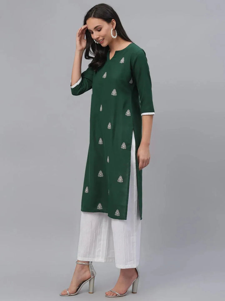 Green Embroidered Rayon Kurta - Libas