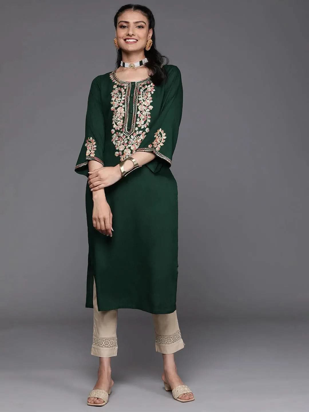 Green Embroidered Rayon Kurta - Libas 