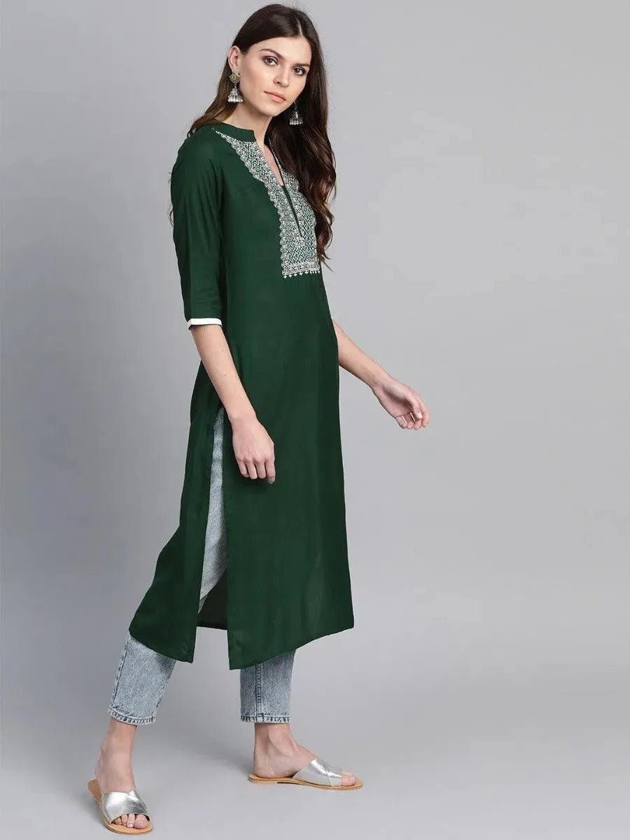 Green Embroidered Rayon Kurta - Libas 