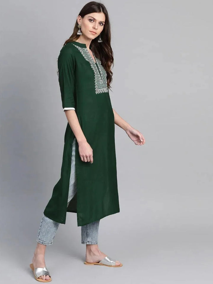 Green Embroidered Rayon Kurta - Libas