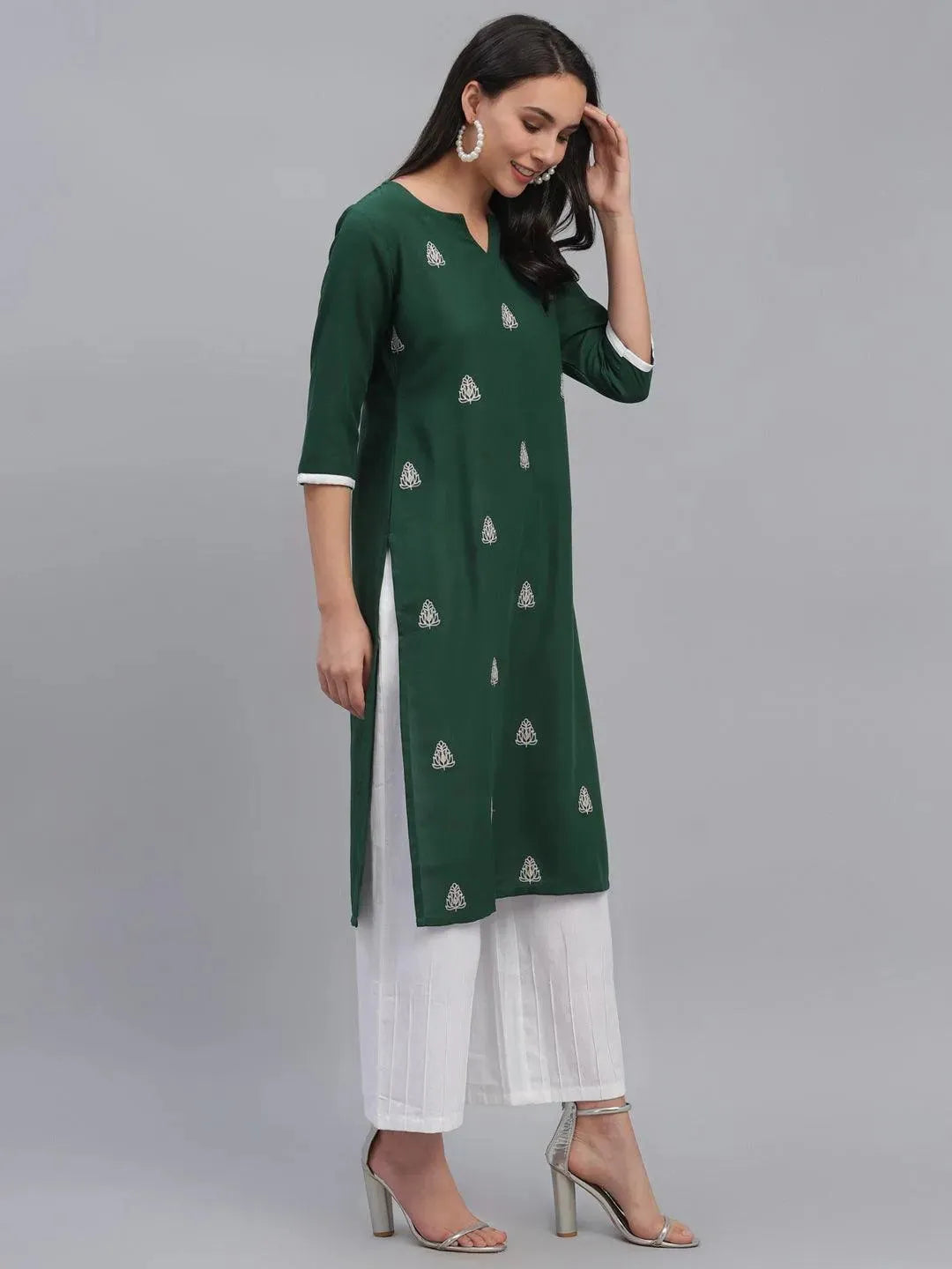 Green Embroidered Rayon Kurta - Libas