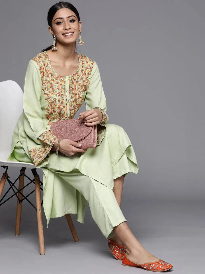 Green Embroidered Rayon Kurta - Libas