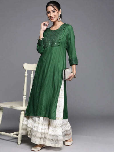 Green Embroidered Rayon Kurta - Libas