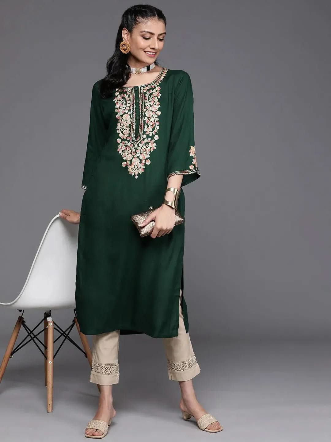Green Embroidered Rayon Kurta - Libas 