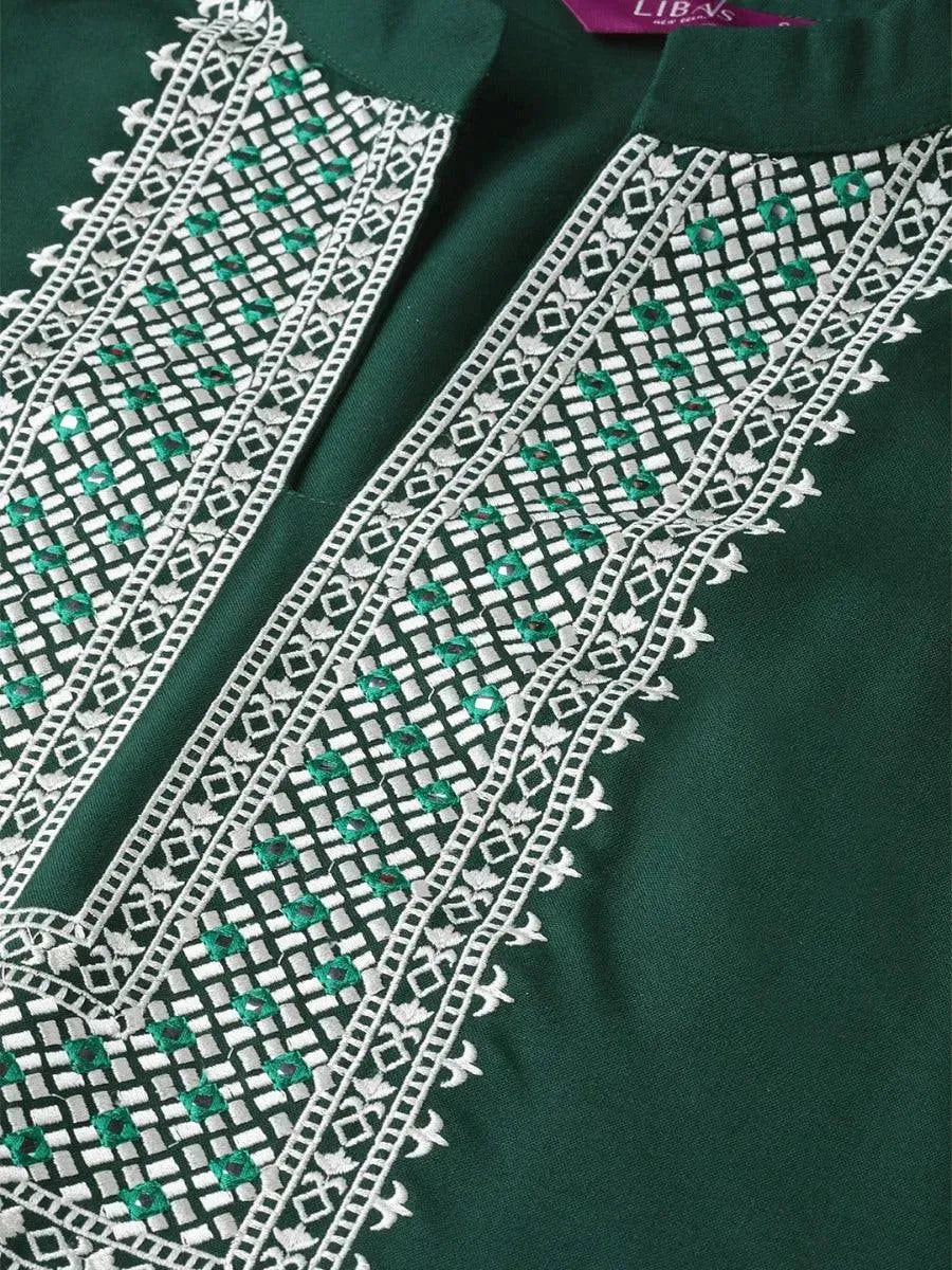 Green Embroidered Rayon Kurta - Libas 