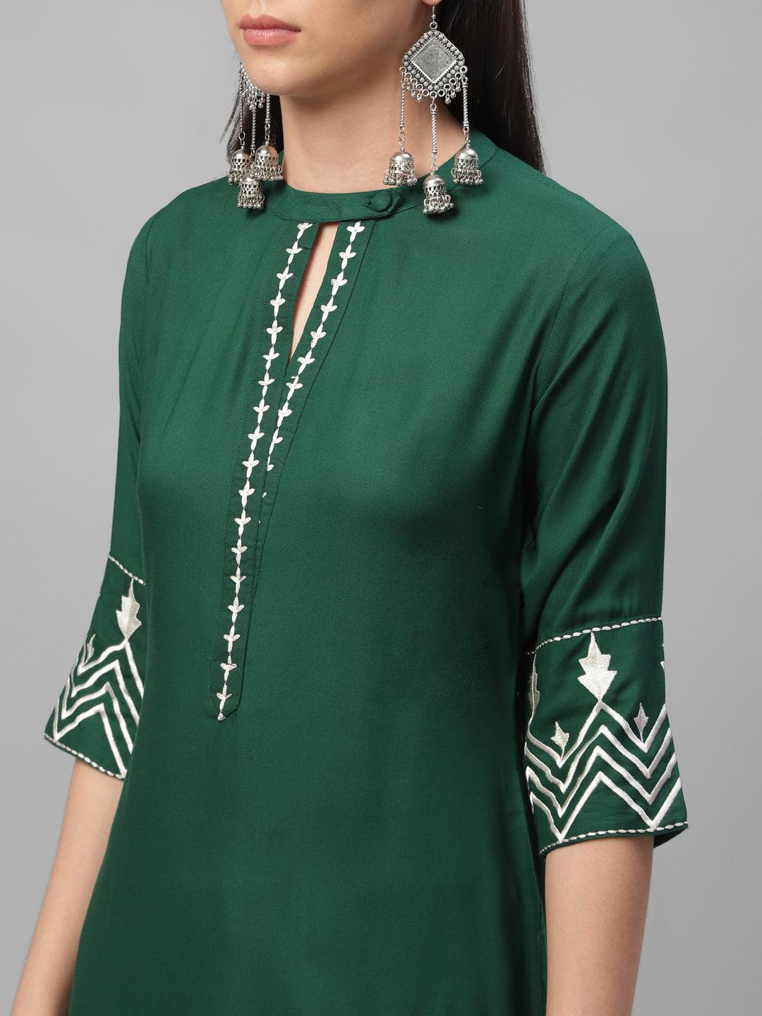 Green Embroidered Rayon Kurta - Libas