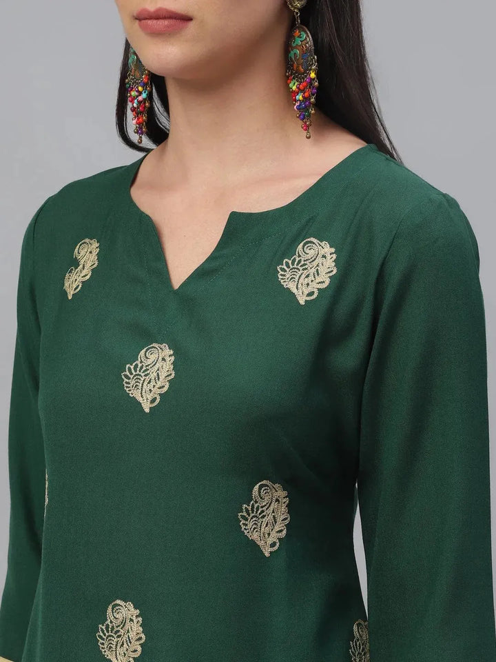 Green Embroidered Rayon Kurta - Libas