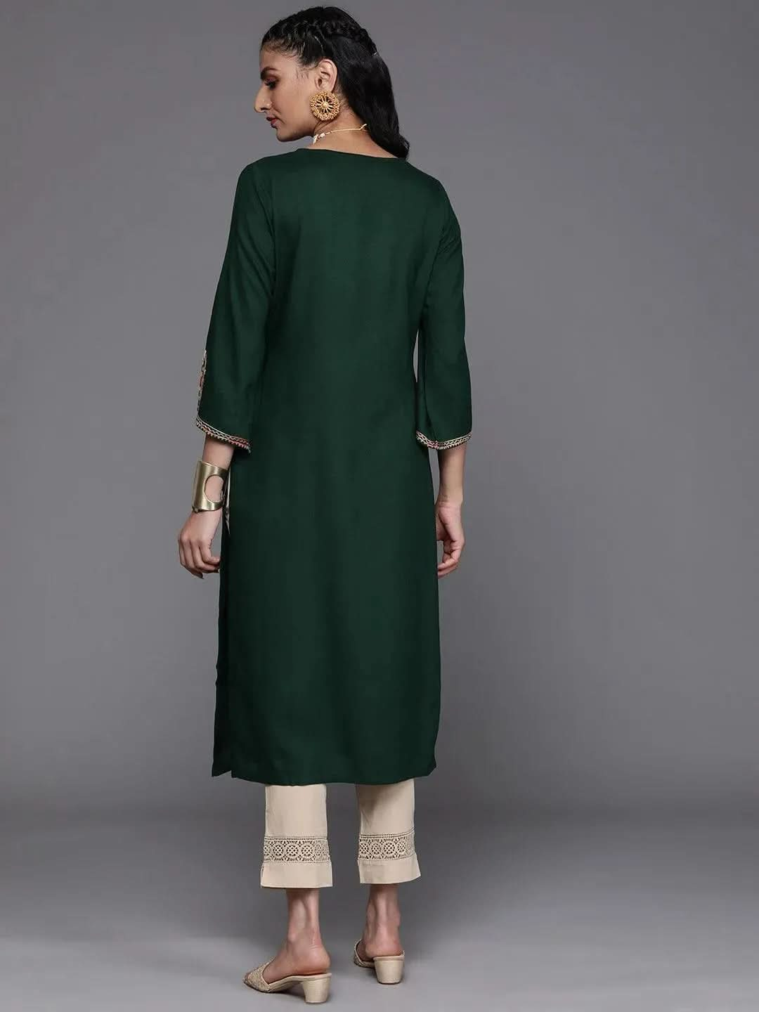 Green Embroidered Rayon Kurta - Libas