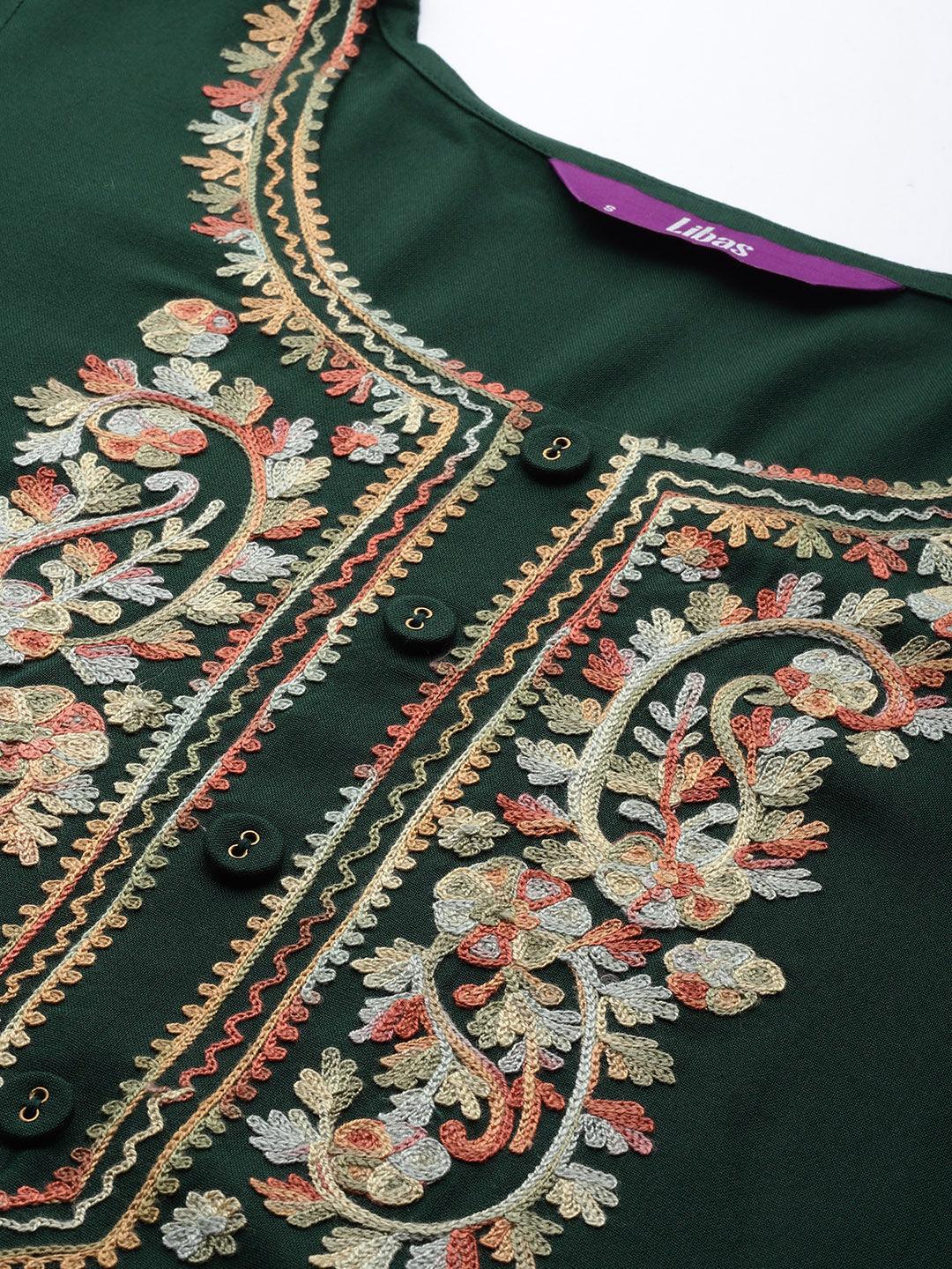 Green Embroidered Rayon Kurta - Libas
