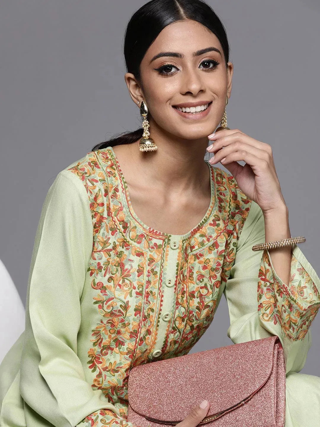 Green Embroidered Rayon Kurta - Libas