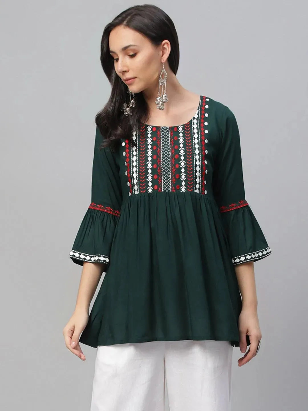 Green Embroidered Rayon Kurti - Libas 