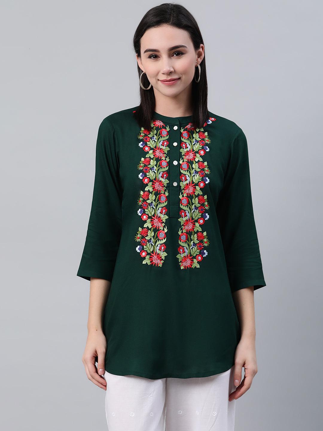 Green Embroidered Rayon Kurti - Libas
