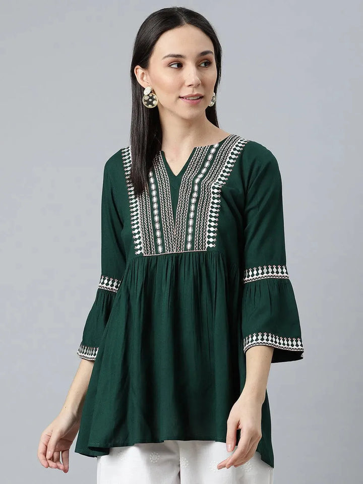 Green Embroidered Rayon Kurti - Libas