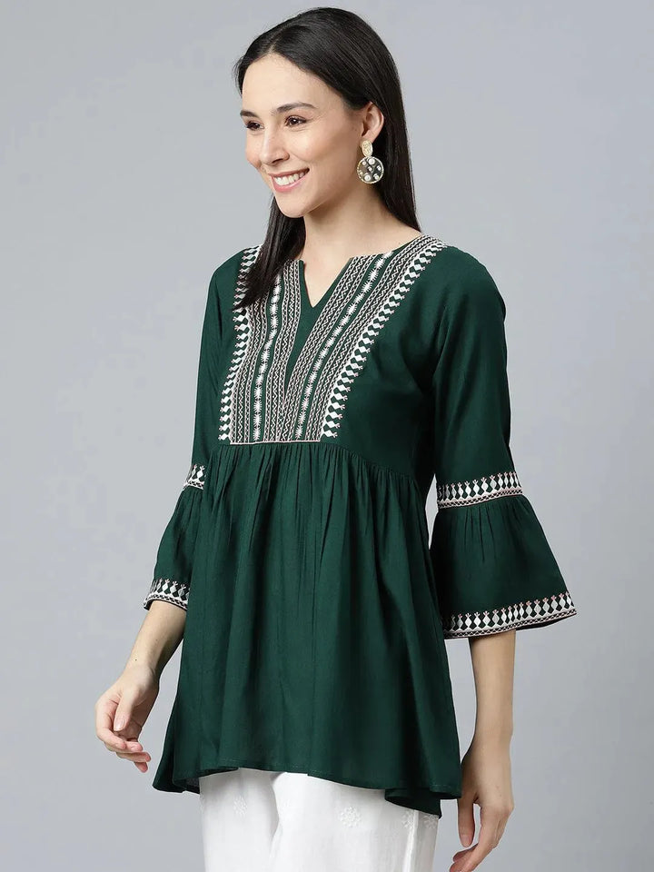 Green Embroidered Rayon Kurti - Libas