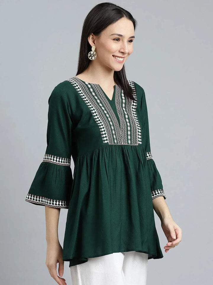 Green Embroidered Rayon Kurti - Libas