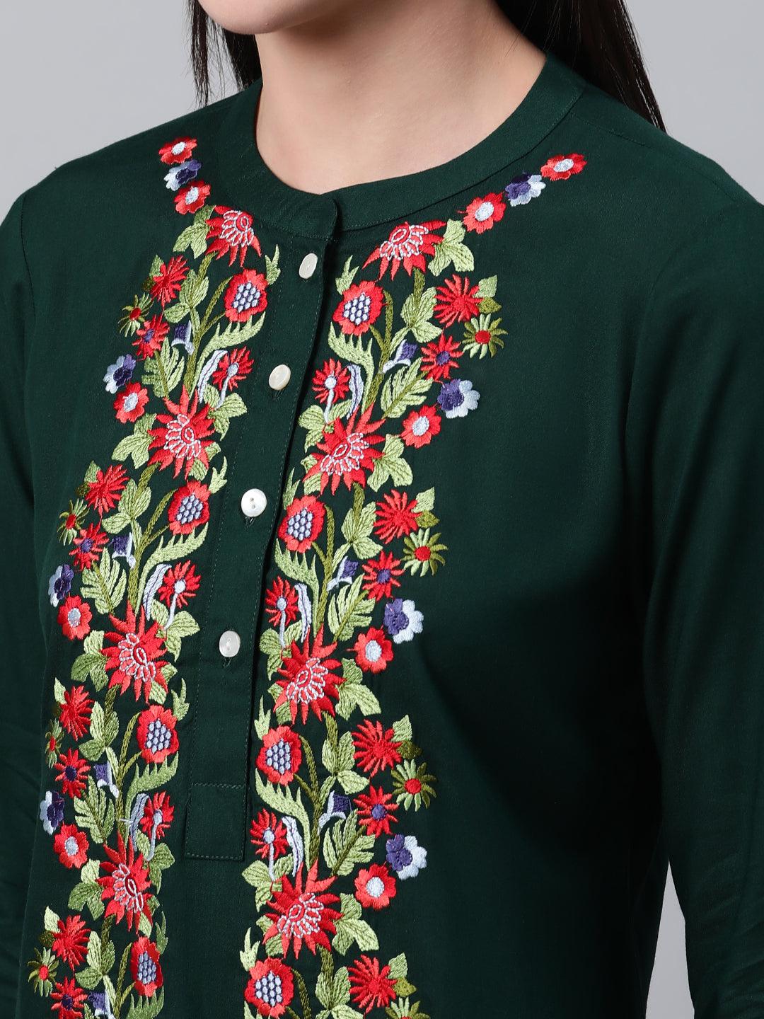 Green Embroidered Rayon Kurti