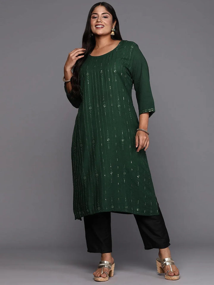 Green Embroidered Rayon Straight Kurta - Libas