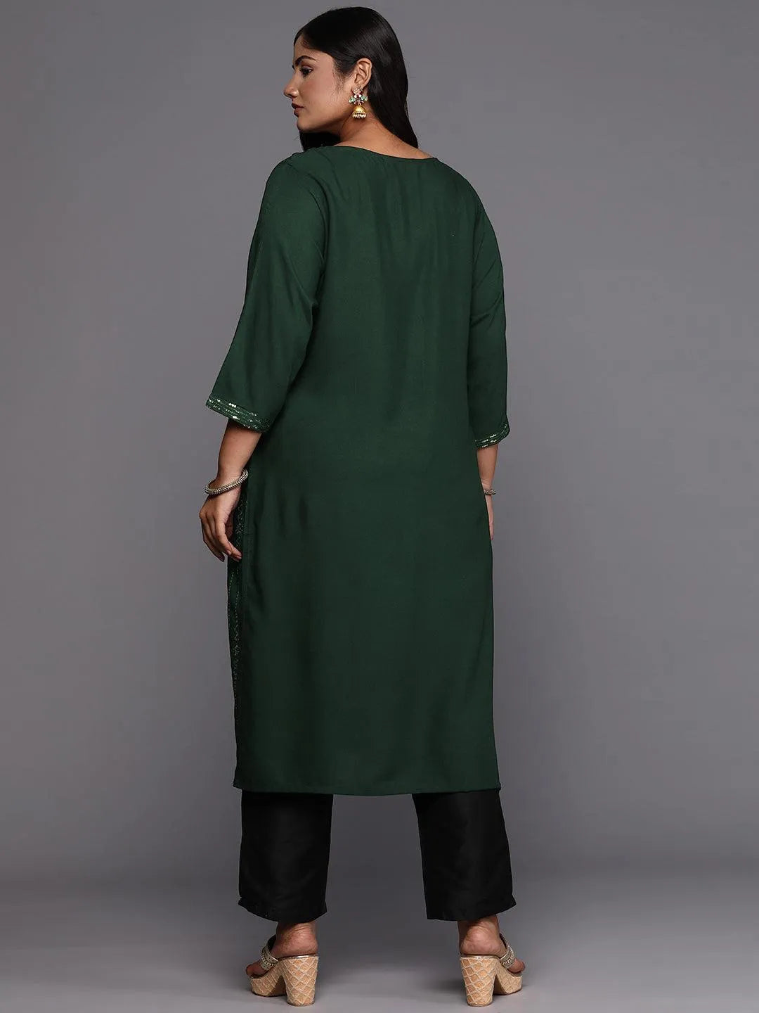Green Embroidered Rayon Straight Kurta - Libas 