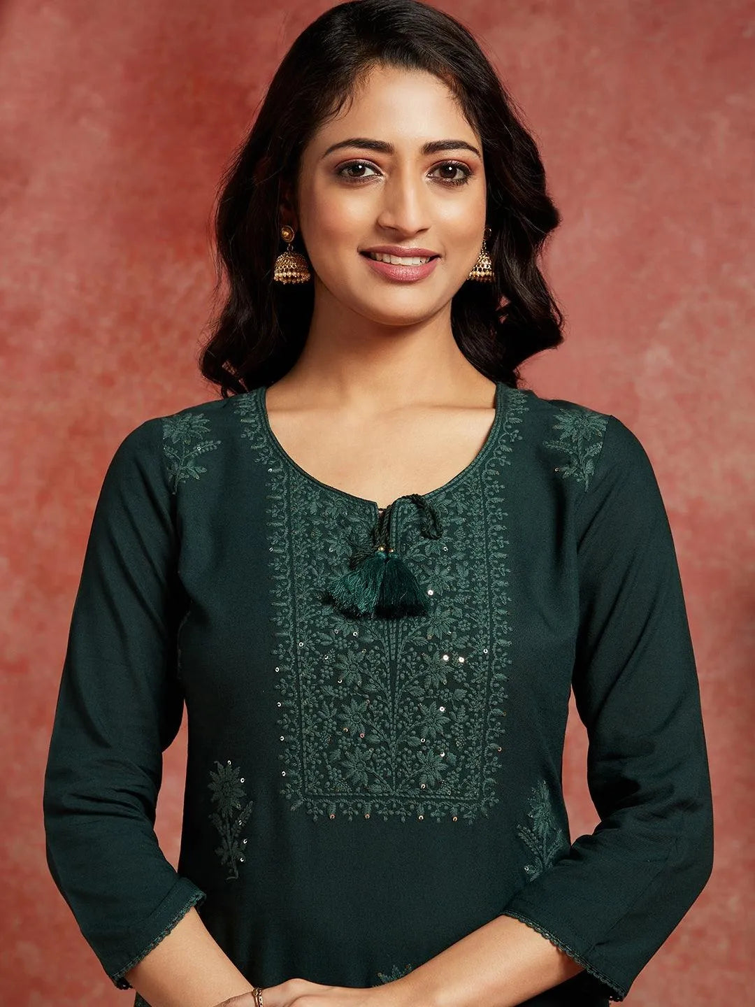 Green Embroidered Rayon Straight Kurta - Libas 