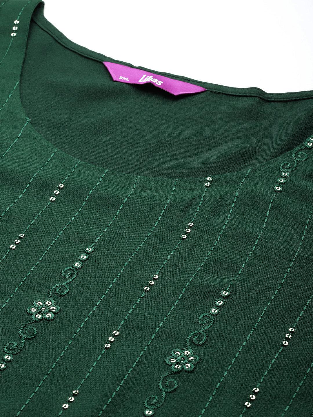 Green Embroidered Rayon Straight Kurta - Libas