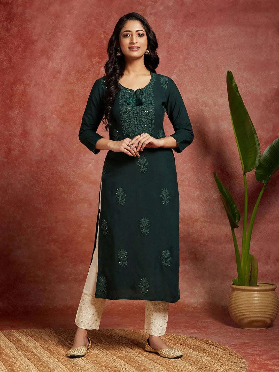Green Embroidered Rayon Straight Kurta - Libas 